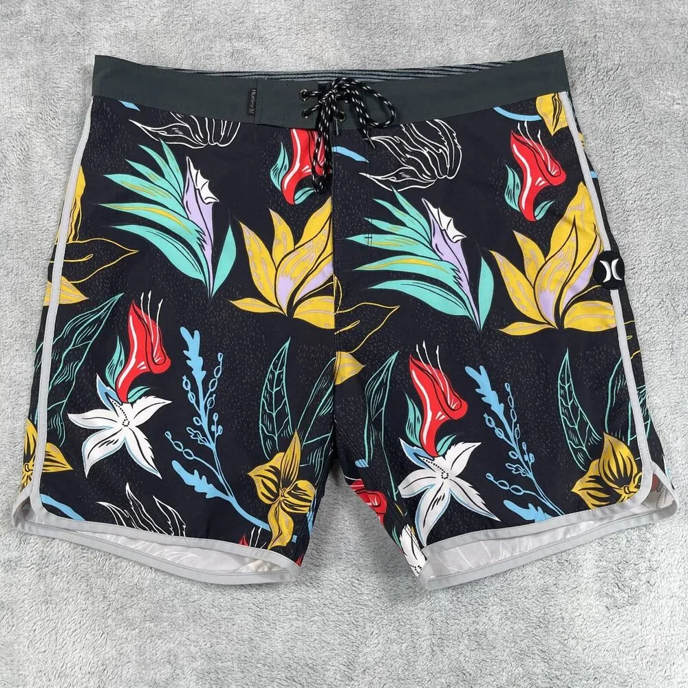 Hurley Board Shorts Men 36 Black Phantom Floral Swim Trunks Drawstring Pocket